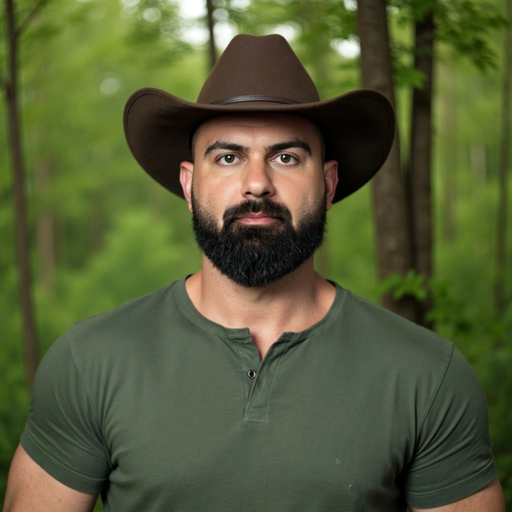 Retrato de Felipe Gularte com chapéu na floresta